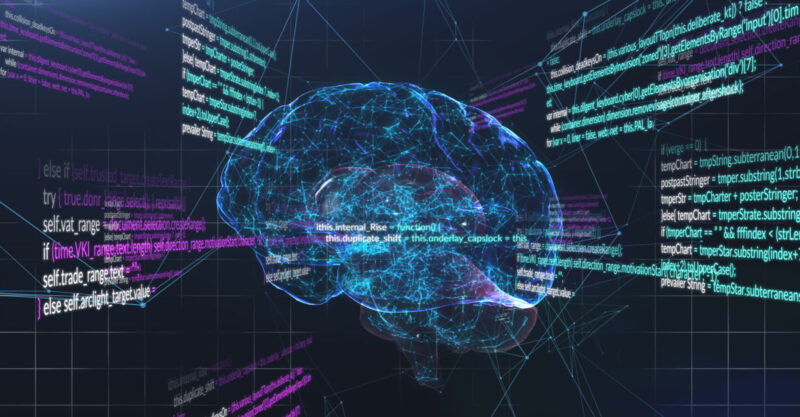 Image of data processing and brain on black background