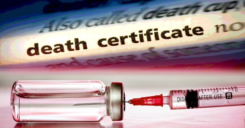 vaccine bottle and words "death certificate"
