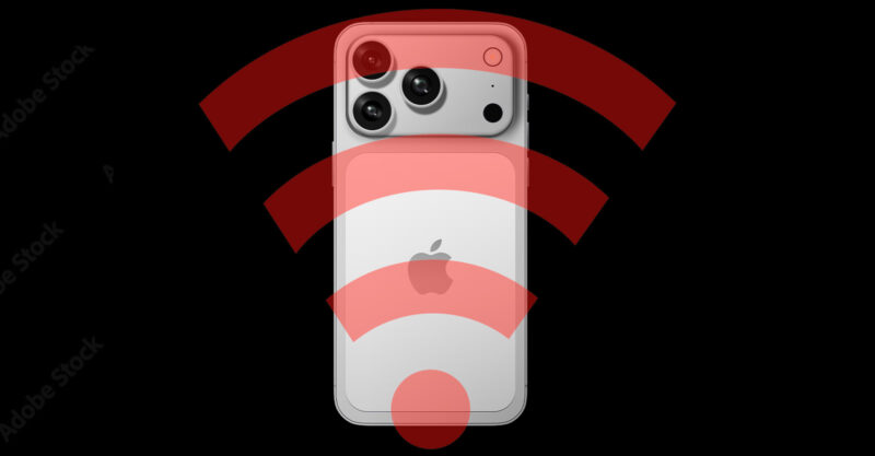 iPhone 17 with a red cell signal icon on top.