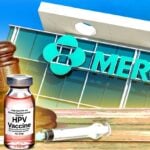 merck building and gavel with hpv vaccine bottle