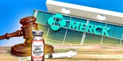 merck building and gavel with hpv vaccine bottle