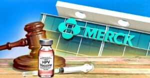 merck building and gavel with hpv vaccine bottle