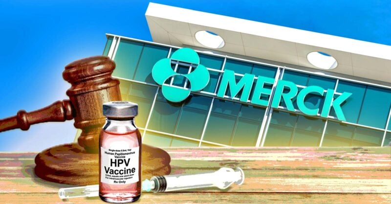 merck building and gavel with hpv vaccine bottle