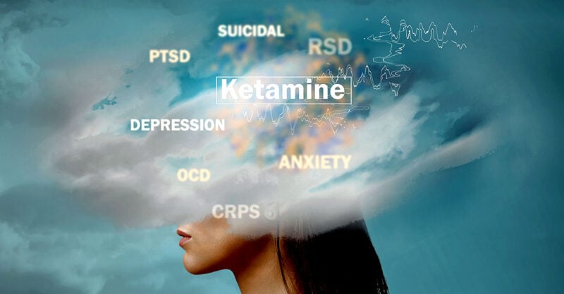 woman with word ketamine and clouds above head