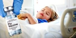 child in hospital and flu vaccine bottle