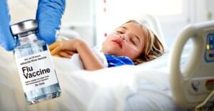 child in hospital and flu vaccine bottle