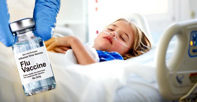 child in hospital and flu vaccine bottle