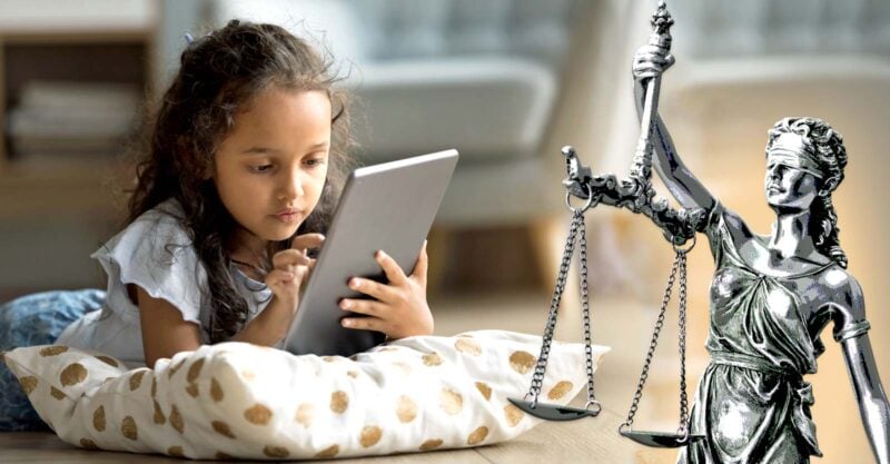 young child on tablet and lady justice
