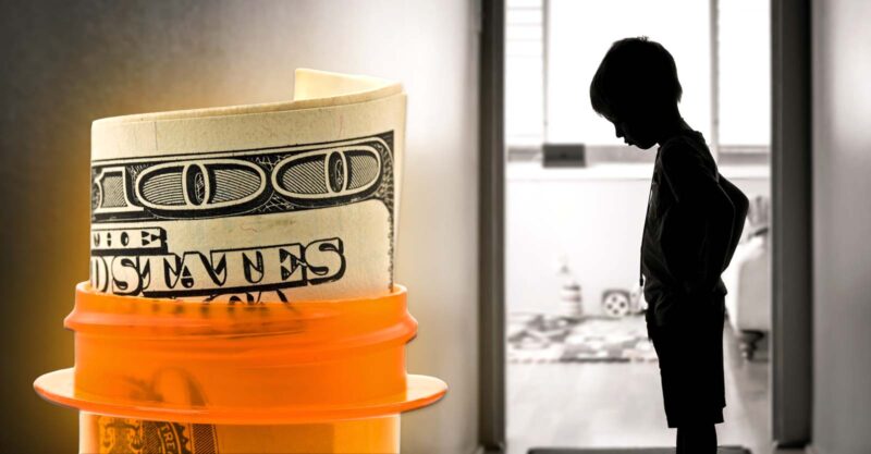 depressed child and pill bottle with money