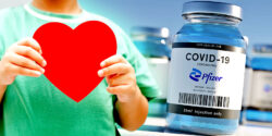 child holding red heart and pfizer covid vaccine