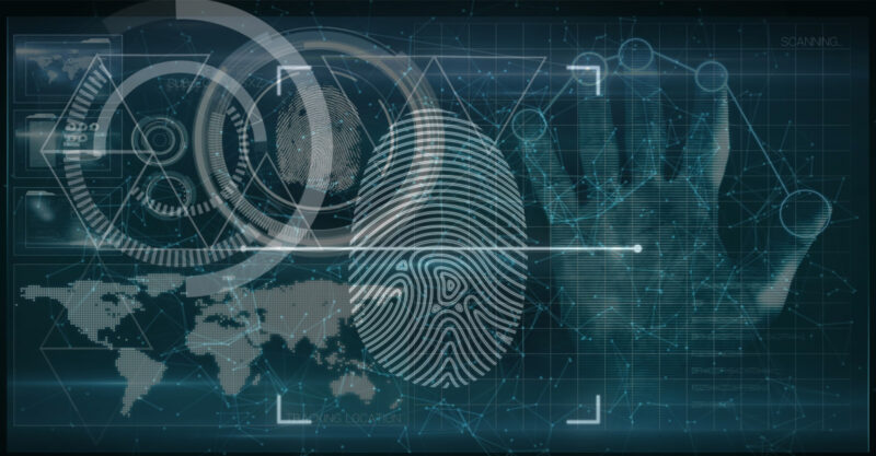 Human hand scanning over fingerprint biometric scanner against world map on blue background