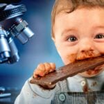 child eating chocolate bar and a microscope
