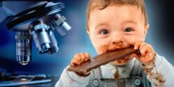 child eating chocolate bar and a microscope