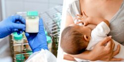 lab milk and woman breastfeeding baby