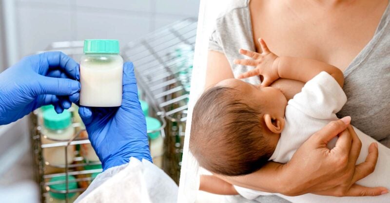 lab milk and woman breastfeeding baby