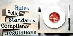 lab meat on a dinner plate and word "regulations"
