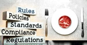 lab meat on a dinner plate and word "regulations"