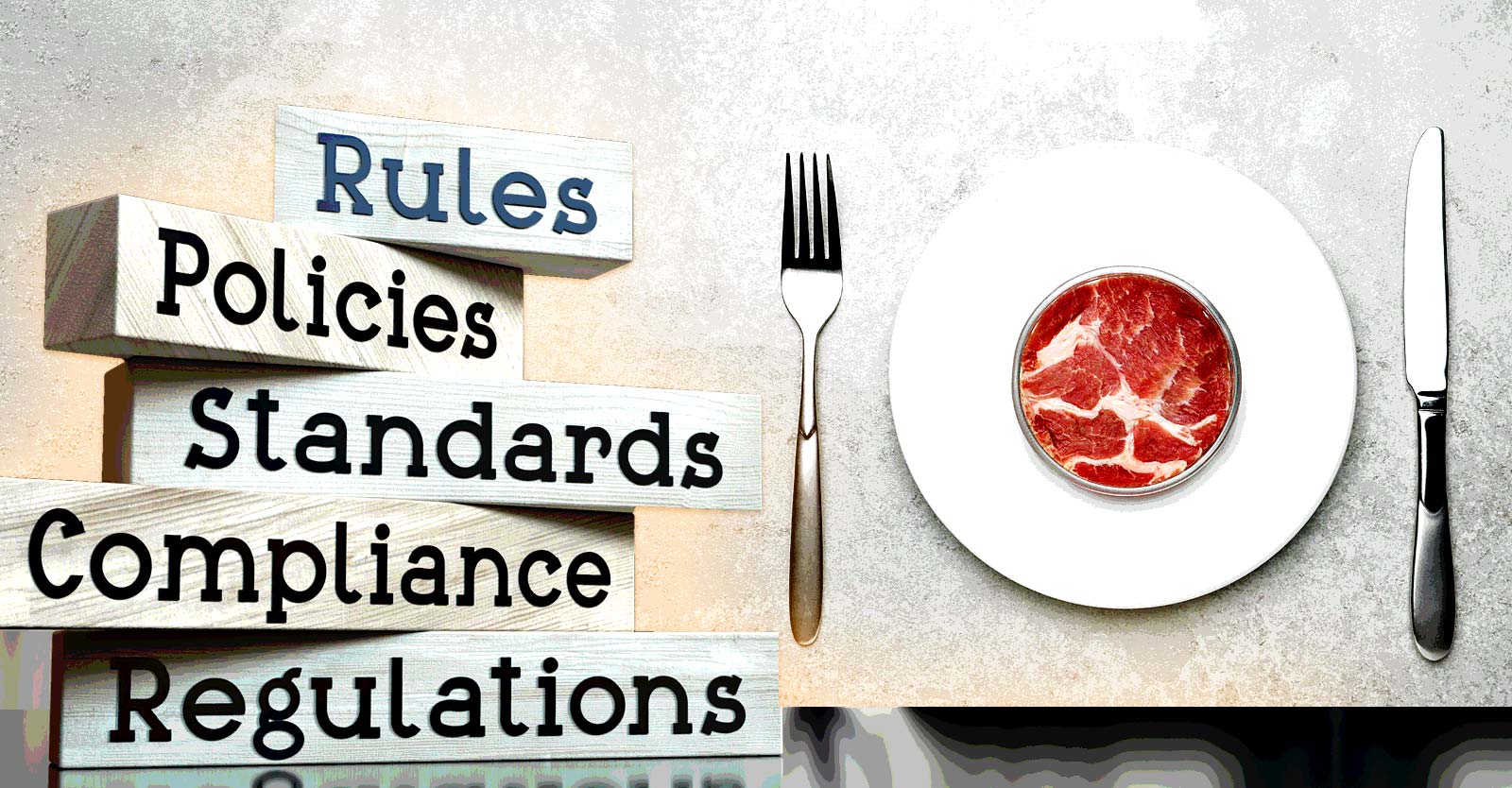 lab meat on a dinner plate and word "regulations"