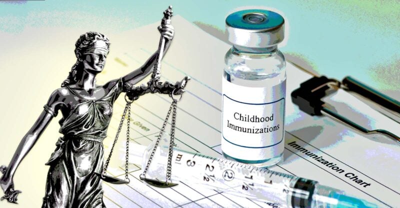 vaccine bottle and lady justice