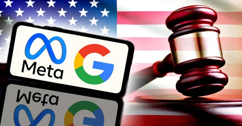 meta and google logos and gavel