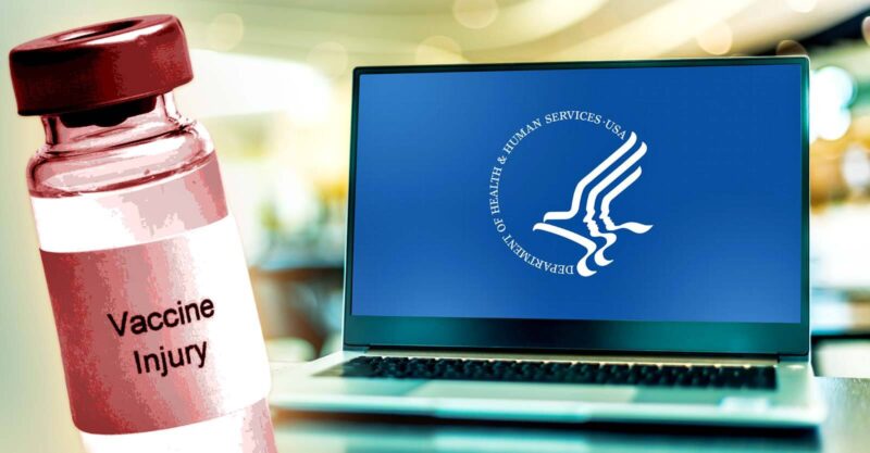 HHS on laptop and vaccine bottle on right