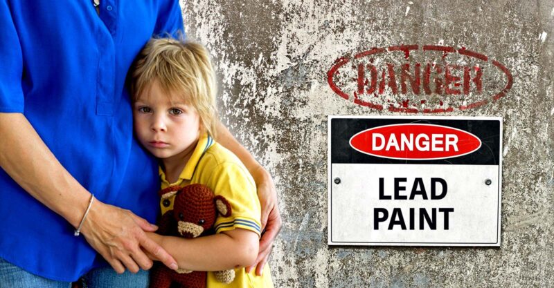 mom and child with sign "danger lead paint"