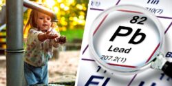 girl playing in water and word "lead"