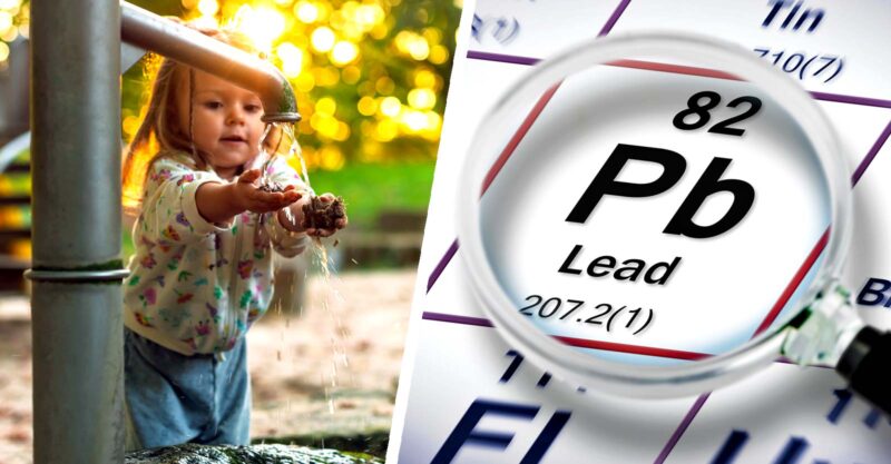 girl playing in water and word "lead"