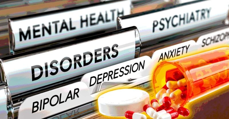 files and a prescription pill bottle