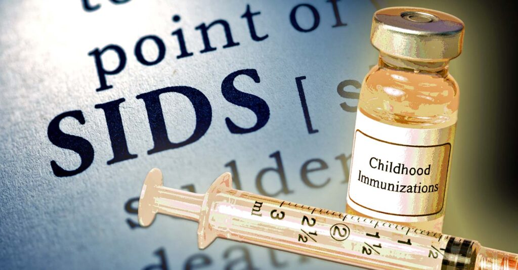 letters "SIDS" and vaccine bottle