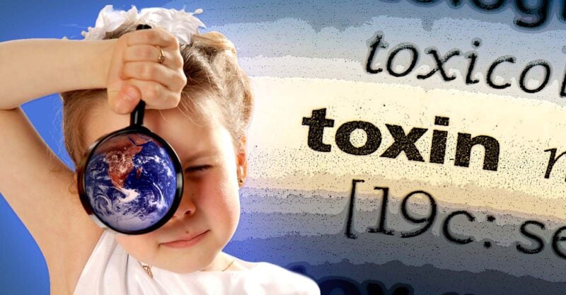 girl holding magnifying glass with U.S. map inside and word "toxin"