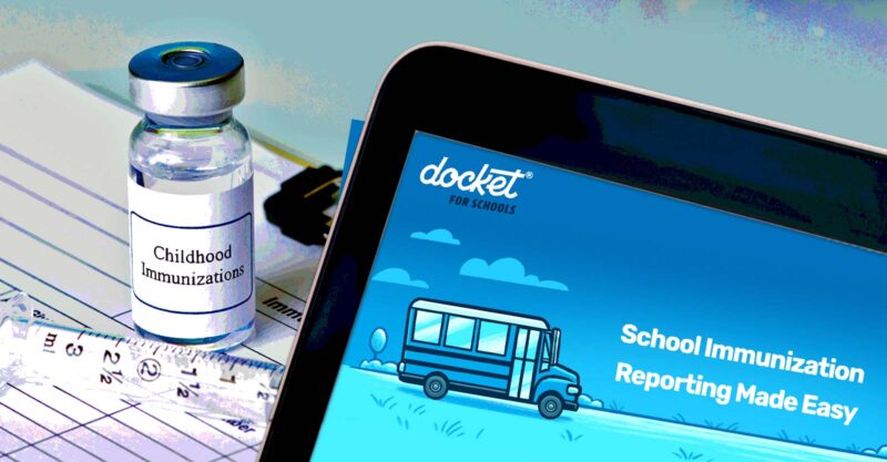 vaccine bottle and docket for schools website screenshot