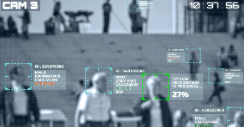 Simulation of a screen of cctv cameras with facial recognition flagging people walking in a city.