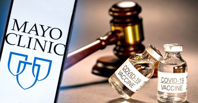 mayo clinic logo and covid vaccines and gavel