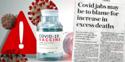 covid vaccine with warning symbol and image of the newspaper article