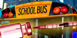 school bus and vaccine bottle