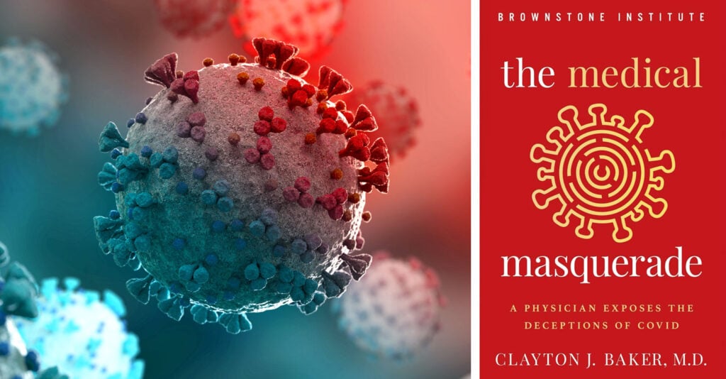 covid spike protein and book cover for "The Medical Masquerade"