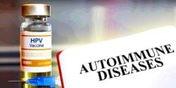 hpv vaccine bottle and words "autoimmune diseases"