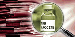 stack of documents and magnifying glass with mmr vaccine inside