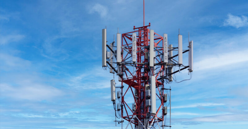 Photo of cell tower with 5g Antennas.