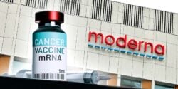 moderna building and cancer mrna vaccine bottle