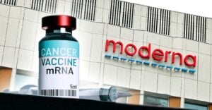 moderna building and cancer mrna vaccine bottle