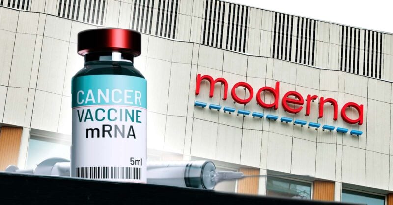 moderna building and cancer mrna vaccine bottle