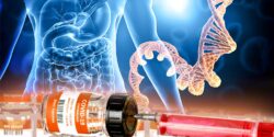dna strand and covid vaccine bottle