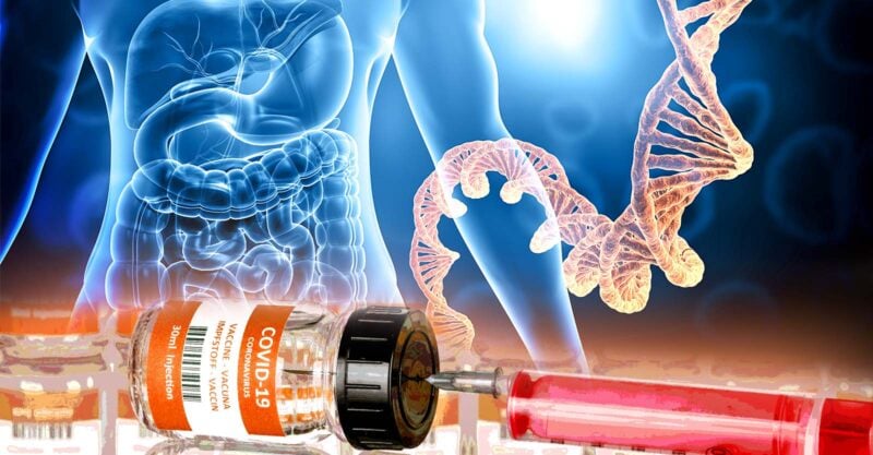 dna strand and covid vaccine bottle