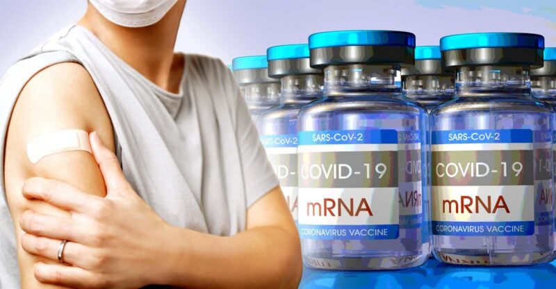 mrna covid vaccine bottle and woman