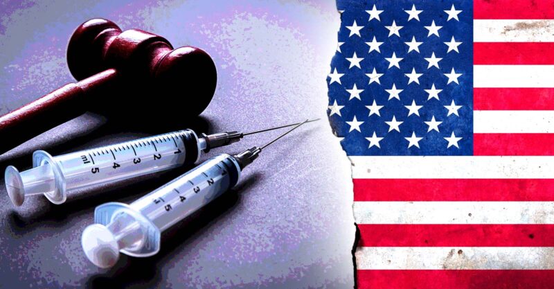 gavel, vaccine syringes and u.s. flag