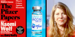 Naomi Wolf's book on left, covid vaccine in the middle, and Naomi Wolf image on the right