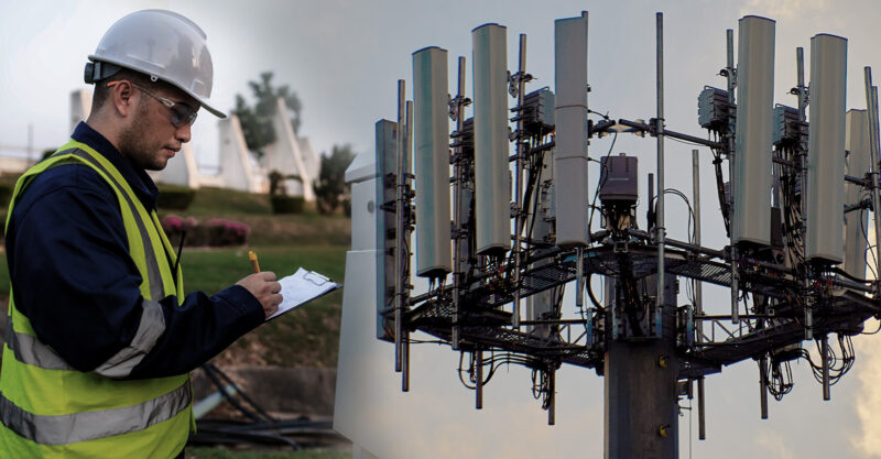 Telecommunication engineers writing notes and photo of cell tower mast.