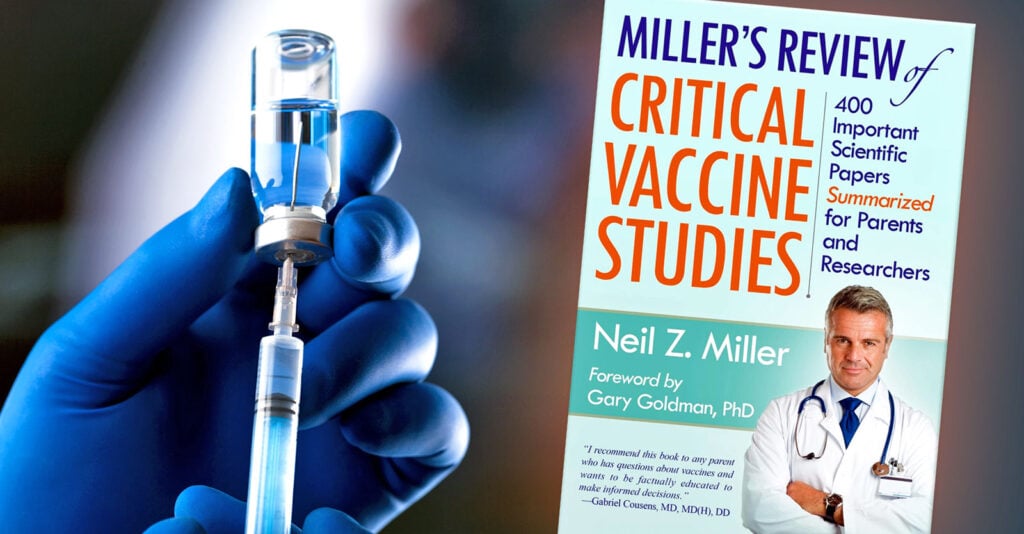 medical glove holding vaccine bottle and book cover for Miller's "critical vaccine studies"